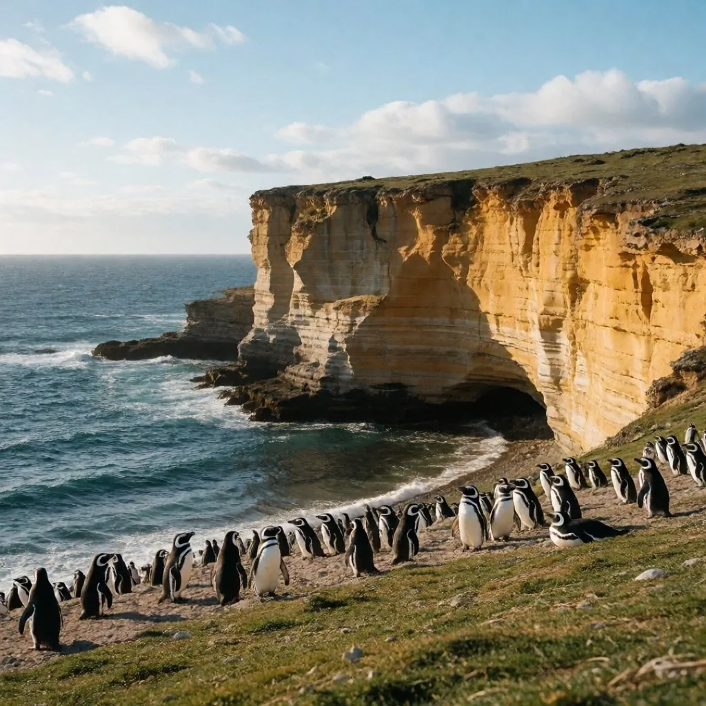 Acantilados costeros con pingüinos de Magallanes en el Parque Nacional Monte León