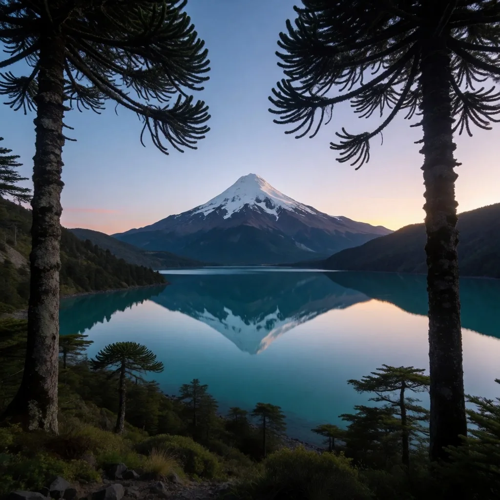Volcán Lanín reflejado en el lago Huechulafquen con araucarias pehuenes en primer plano