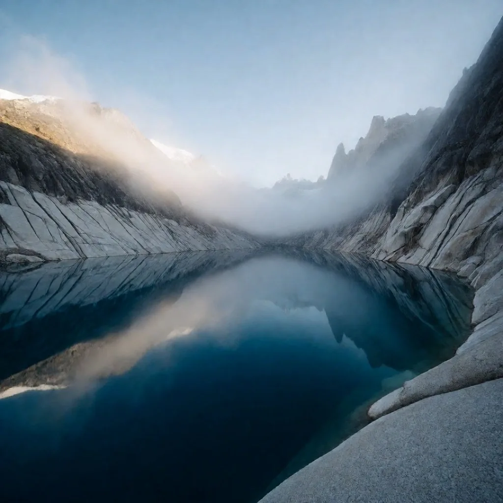 Vista panorámica de un lago glacial en la Patagonia con reflejos de picos de granito