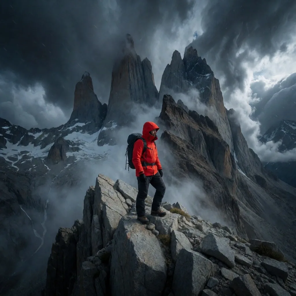 Senderista en cresta rocosa bajo cielo tormentoso en la Patagonia
